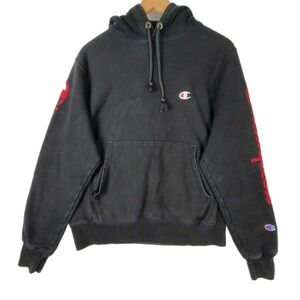 CHAMPION REVERSE WEAVE HOODIE MENS SMALL BLACK PULLOVER SWEATSHIRT LOGO SLEEVE
